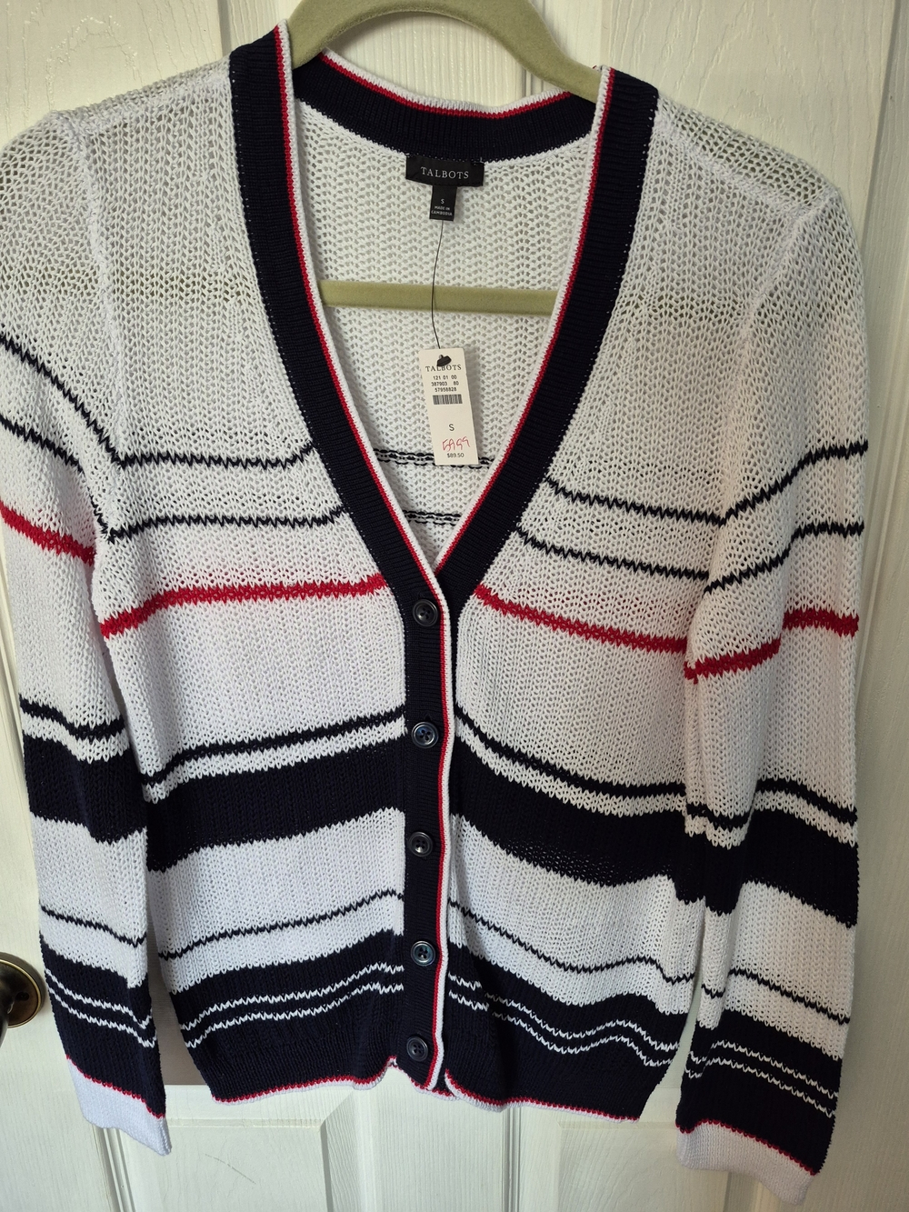 Talbots Navy, White & Red Striped Button-Front Cardigan